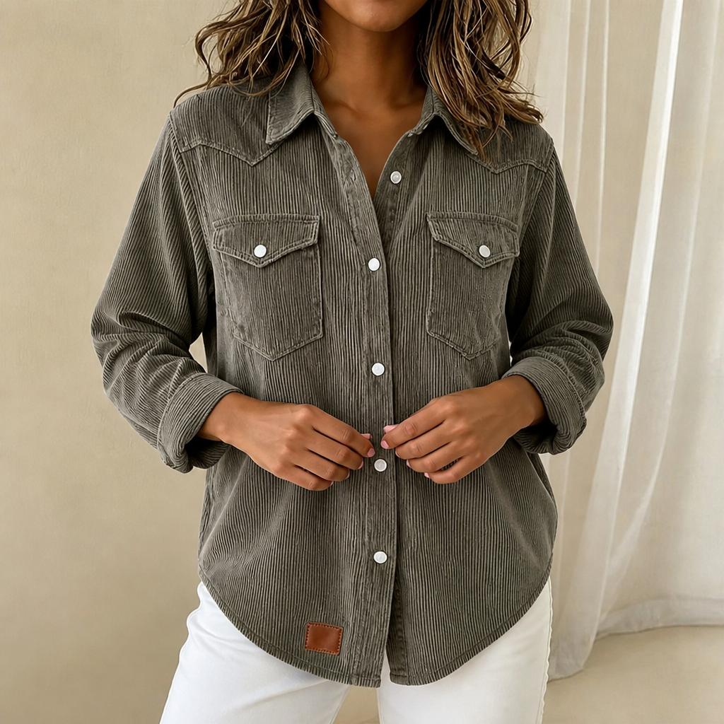 Women's ribbed button-front shacket with pointed collar and chest pockets