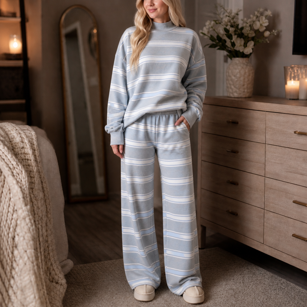 Women's striped mock-neck lounge set with oversized sweatshirt and wide-leg trousers