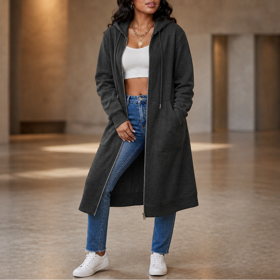 Women's Longline Zip-Up Hoodie with Side Pockets