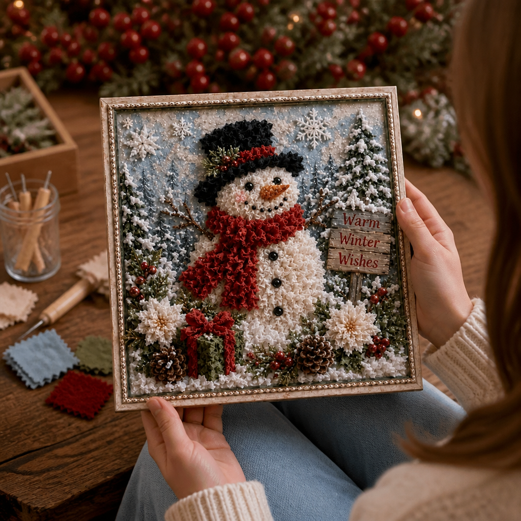 Square raised yarn Christmas frame with snowman and winter village scenes