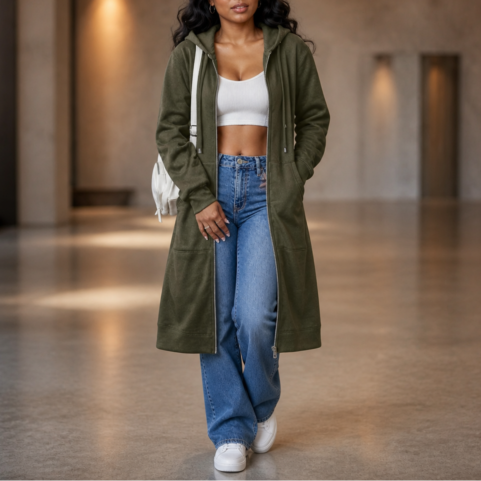 Women's Longline Zip-Up Hoodie with Side Pockets
