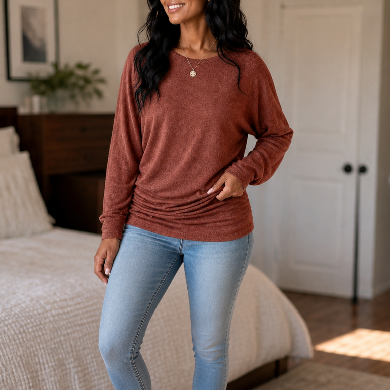 Women's plain dolman sleeve tunic sweater with crew neck and long sleeves