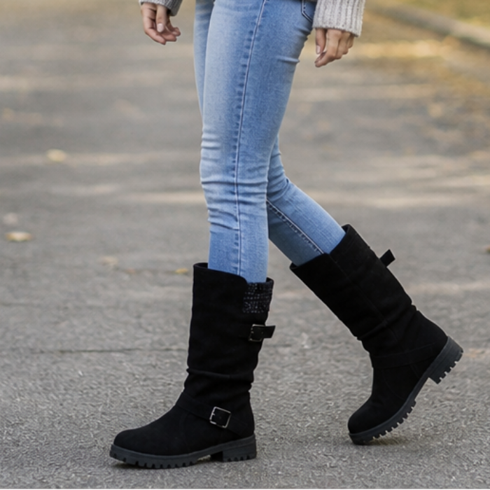 Women's slouch mid-calf boots with ribbed cuffs and buckle straps