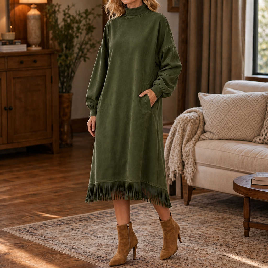 Women's plain mock neck midi dress with long sleeves, side pockets and fringe hem