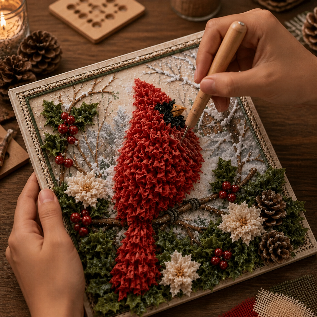 Square raised yarn Christmas frame with snowman and winter village scenes
