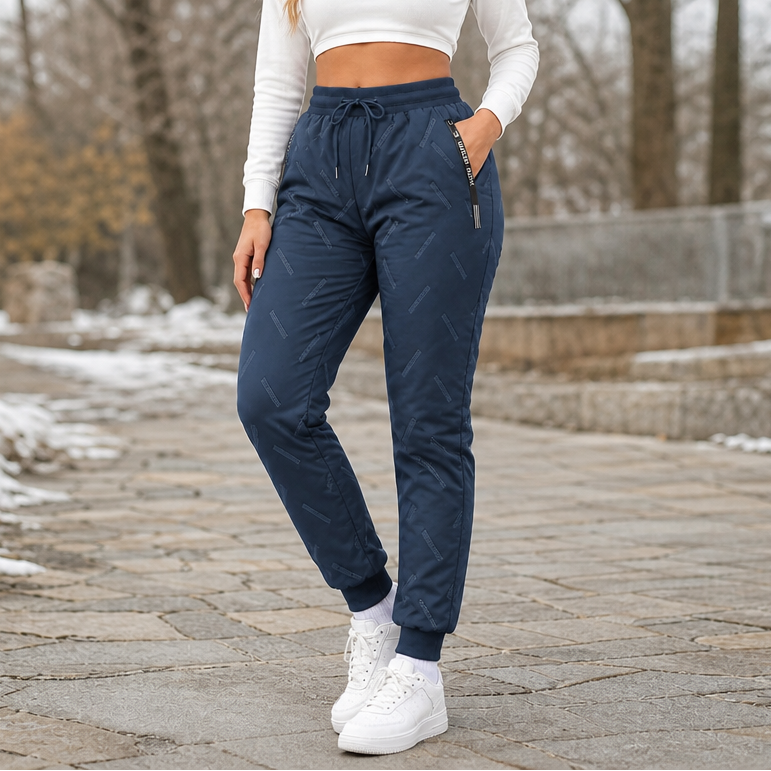Women's quilted jogger trousers with geometric stitch detail and ribbed ankle cuffs