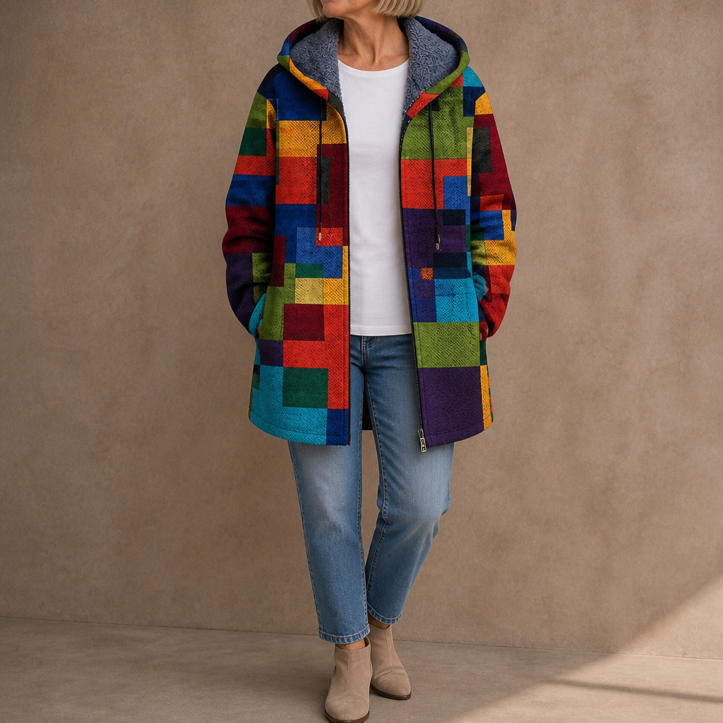 Women's Geometric Patchwork Sherpa Lined Hooded Jacket
