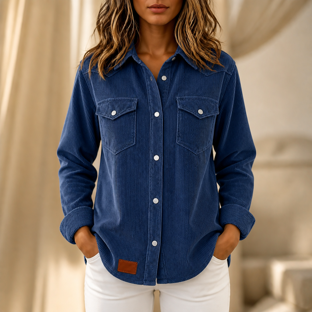 Women's ribbed button-front shacket with pointed collar and chest pockets