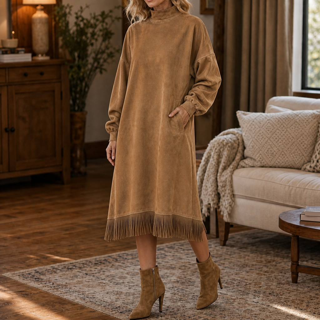 Robe midi pour femme à col montant, aspect daim