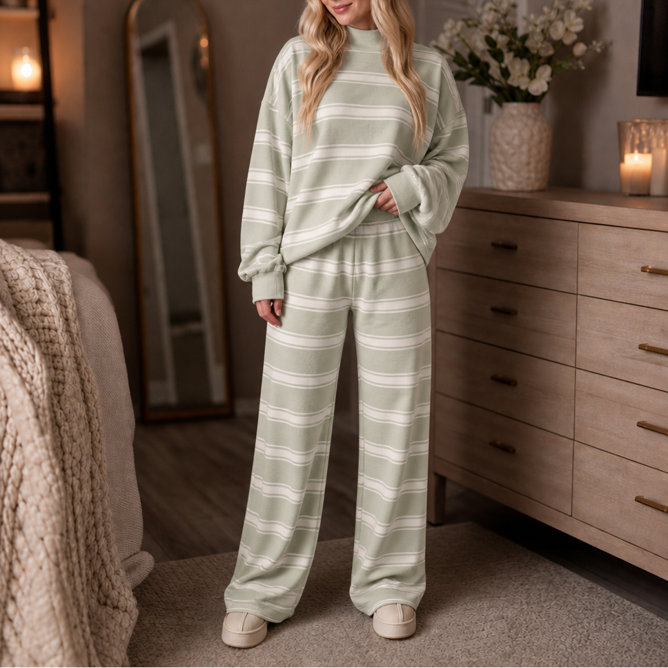 Women's striped mock-neck lounge set with oversized sweatshirt and wide-leg trousers
