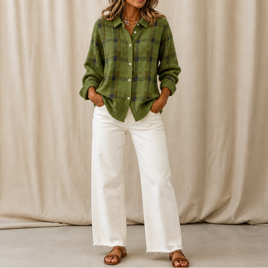 Women's long-sleeve plaid shirt-collar cardigan with button front