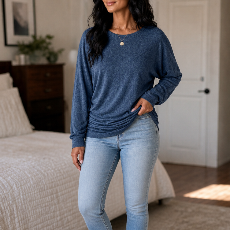 Women's plain dolman sleeve tunic sweater with crew neck and long sleeves