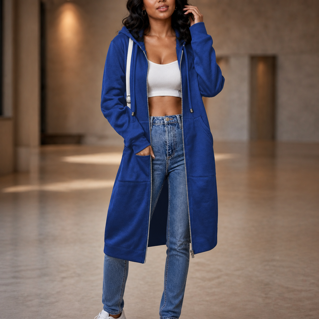 Women's Longline Zip-Up Hoodie with Side Pockets