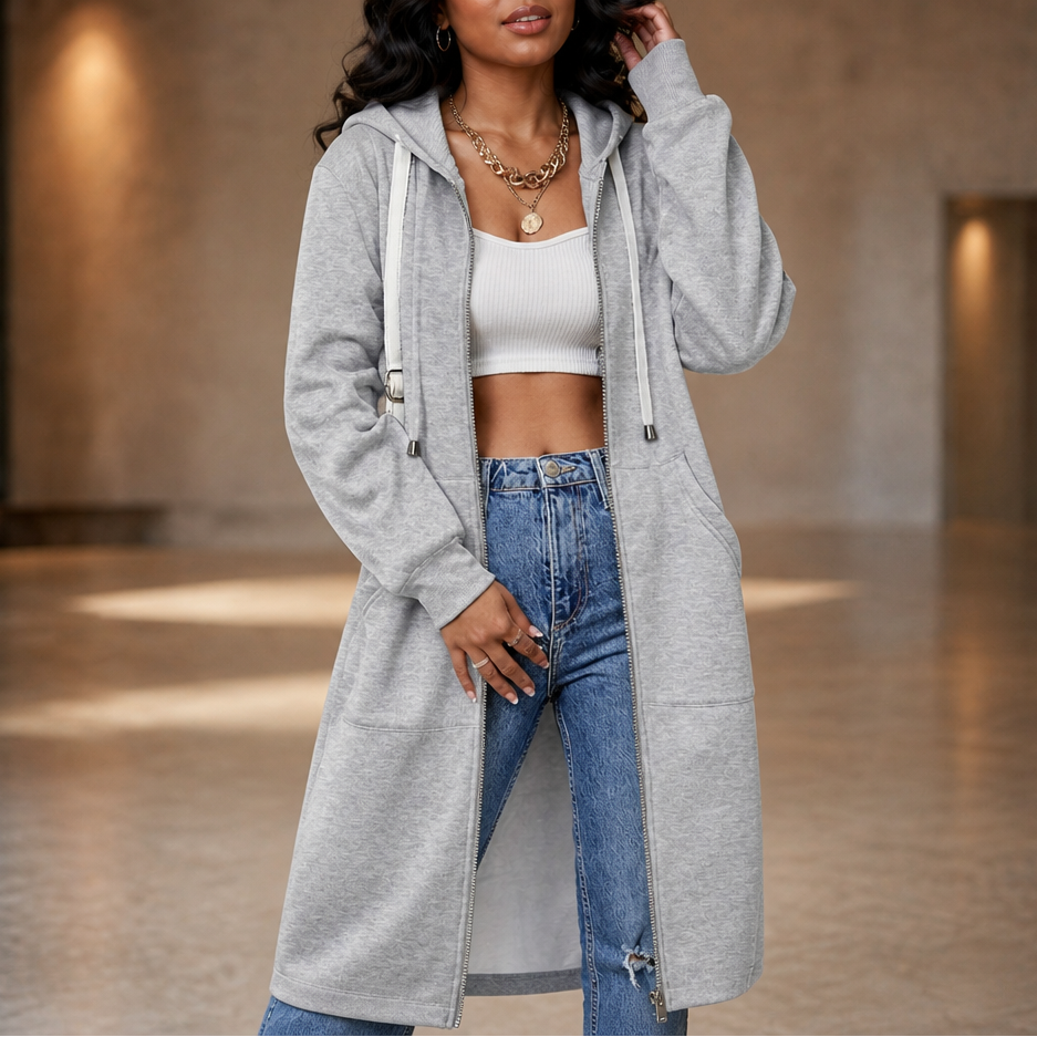 Women's Longline Zip-Up Hoodie with Side Pockets