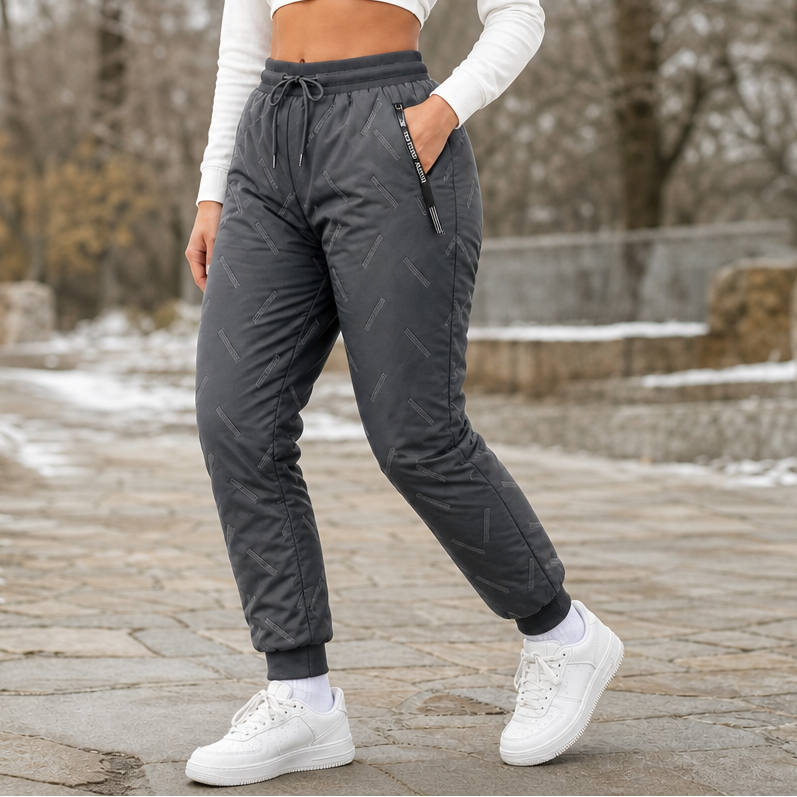 Women's quilted jogger trousers with geometric stitch detail and ribbed ankle cuffs