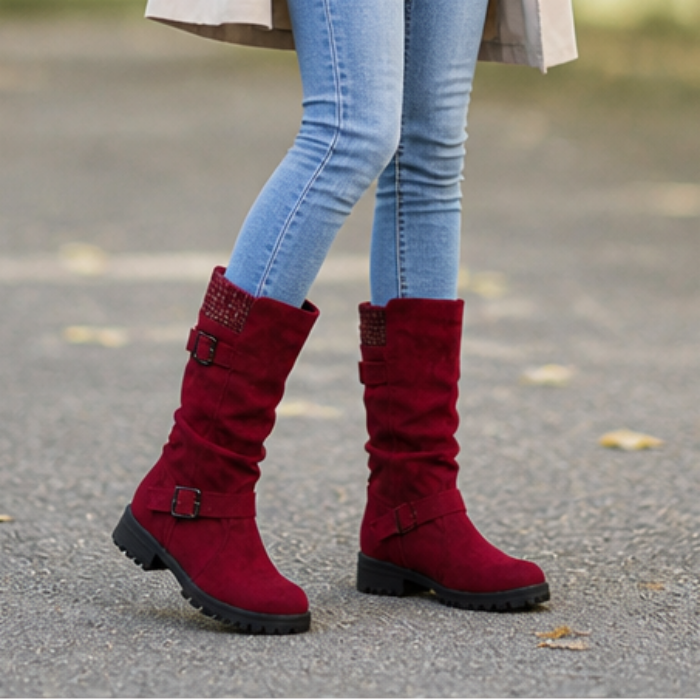 Women's slouch mid-calf boots with ribbed cuffs and buckle straps