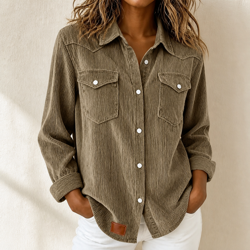 Women's ribbed button-front shacket with pointed collar and chest pockets