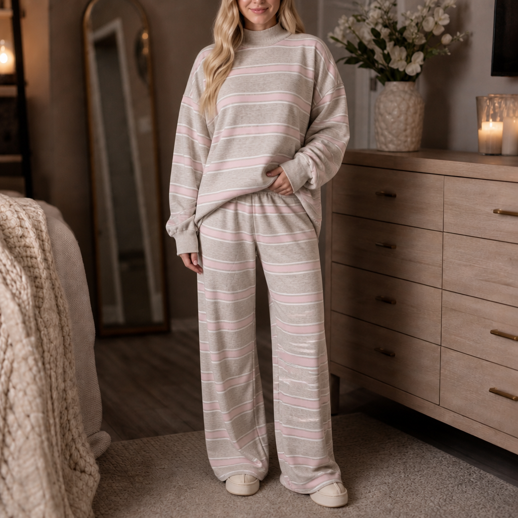 Women's striped mock-neck lounge set with oversized sweatshirt and wide-leg trousers