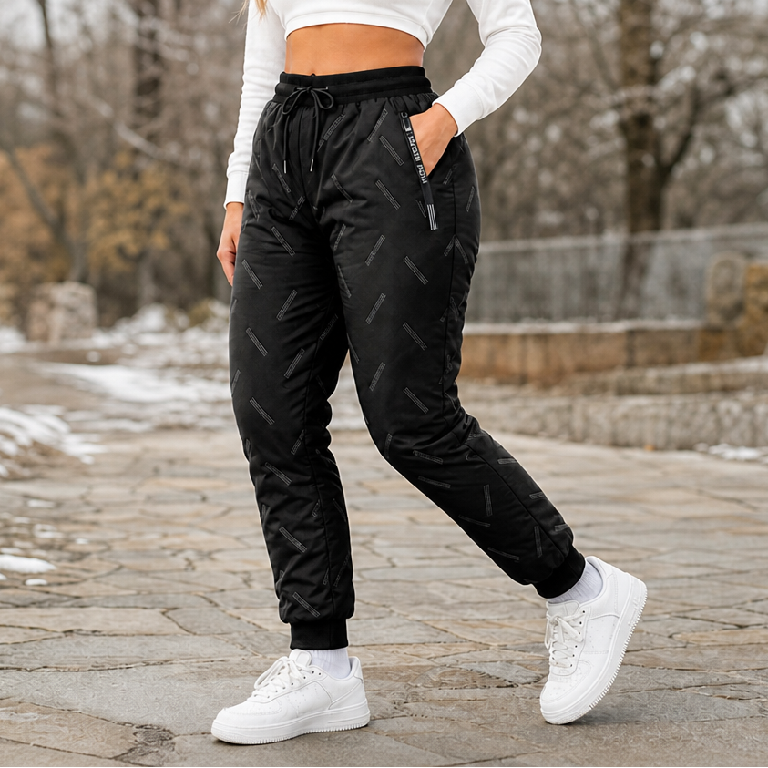 Women's quilted jogger trousers with geometric stitch detail and ribbed ankle cuffs