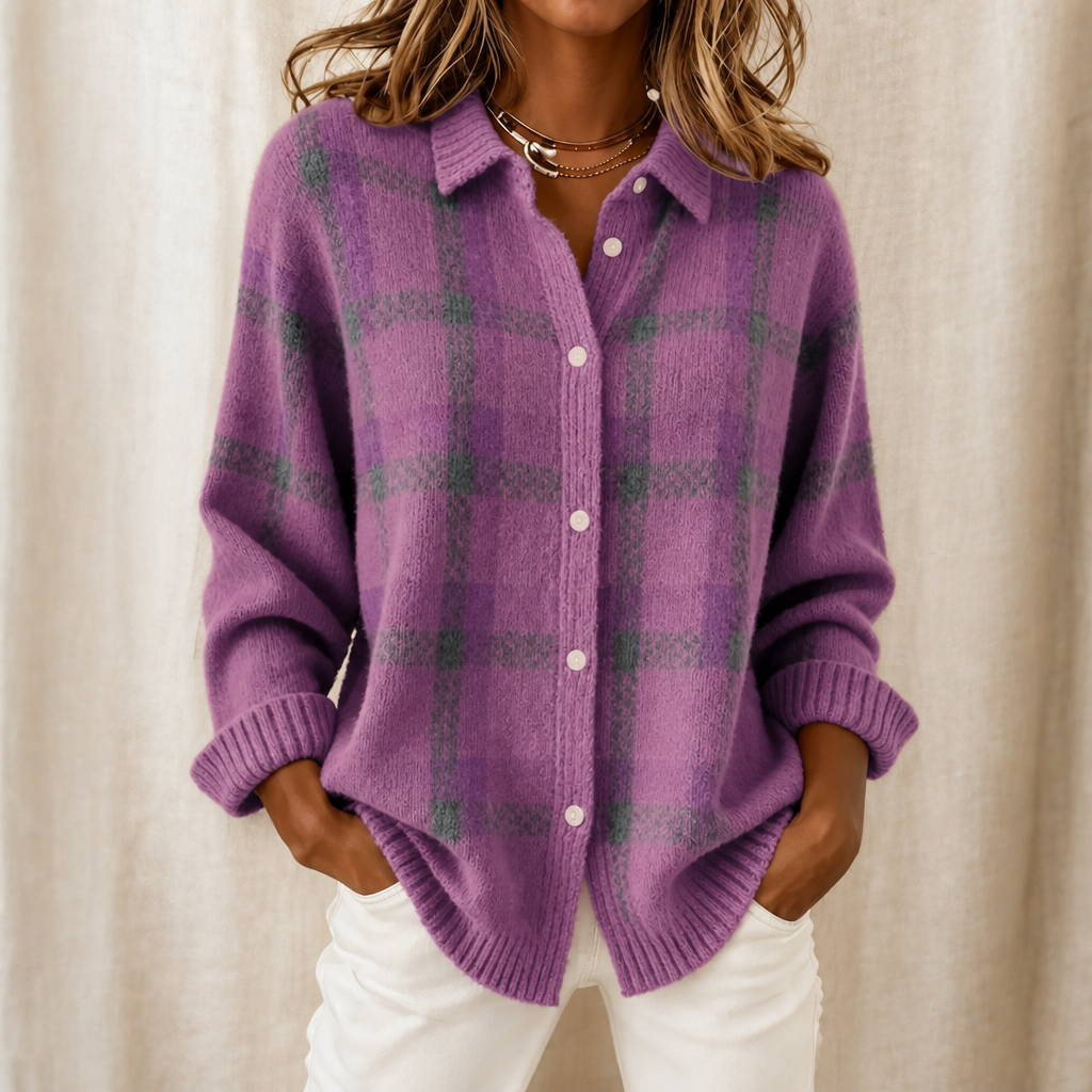 Women's long-sleeve plaid shirt-collar cardigan with button front