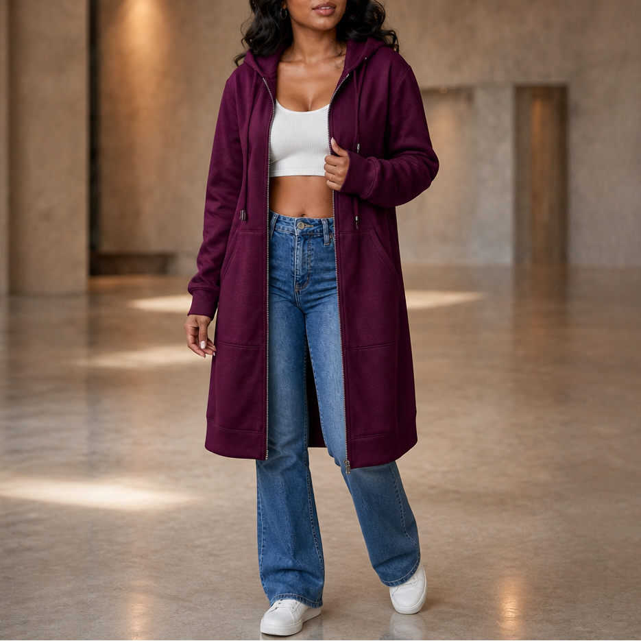 Women's Longline Zip-Up Hoodie with Side Pockets
