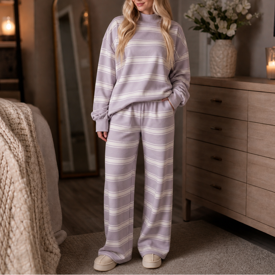 Women's striped mock-neck lounge set with oversized sweatshirt and wide-leg trousers