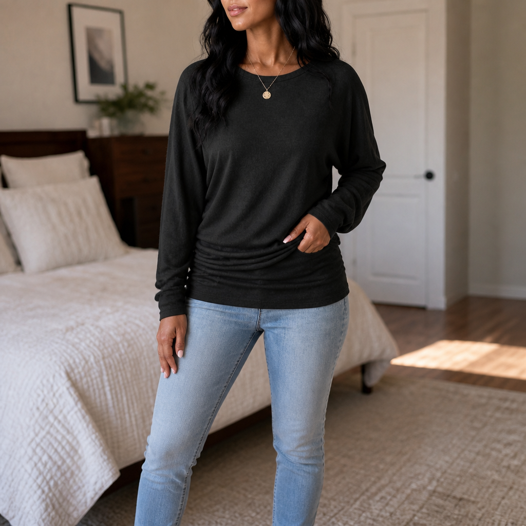 Women's plain dolman sleeve tunic sweater with crew neck and long sleeves