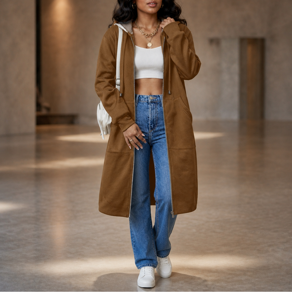 Women's Longline Zip-Up Hoodie with Side Pockets