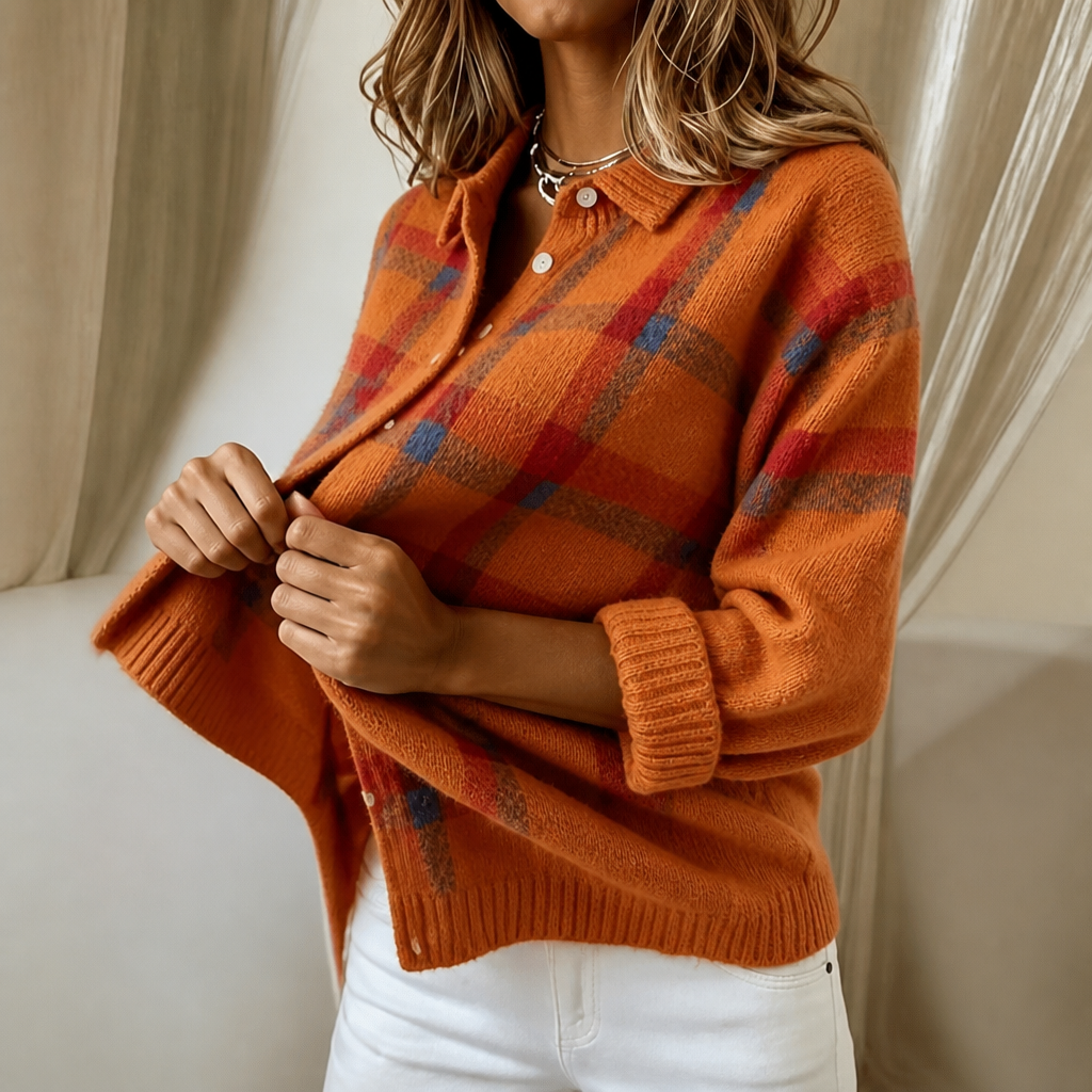 Women's long-sleeve plaid shirt-collar cardigan with button front