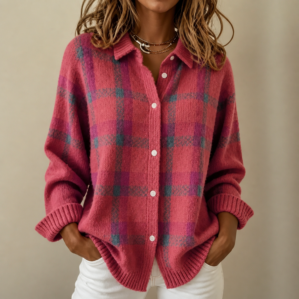 Women's long-sleeve plaid shirt-collar cardigan with button front
