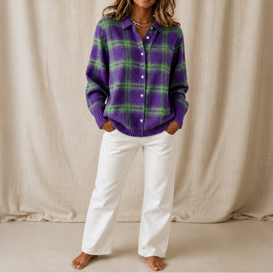 Women's long-sleeve plaid shirt-collar cardigan with button front