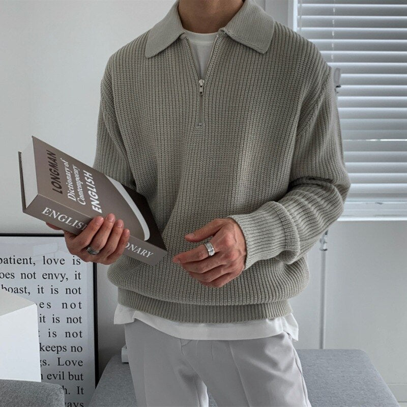Men’s Ribbed Knit Half Zip Polo Collar Sweater
