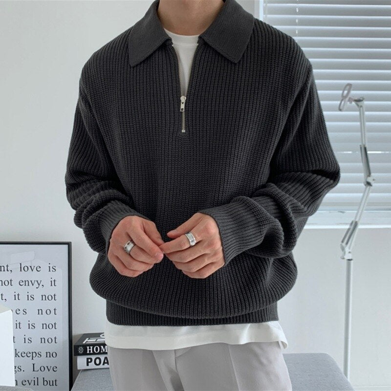 Men’s Ribbed Knit Half Zip Polo Collar Sweater