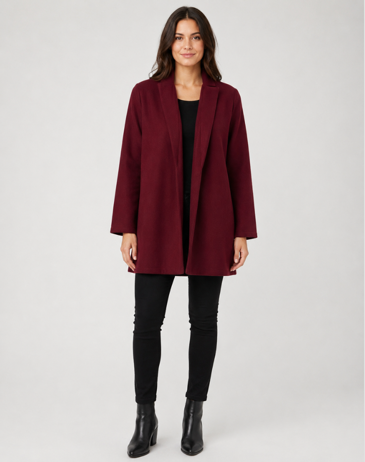 Women's open front swing coat with lapel collar and long sleeves