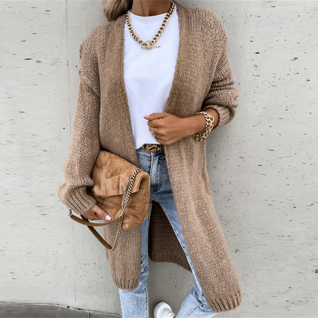 Women's chunky knit longline cardigan with open front and long sleeves
