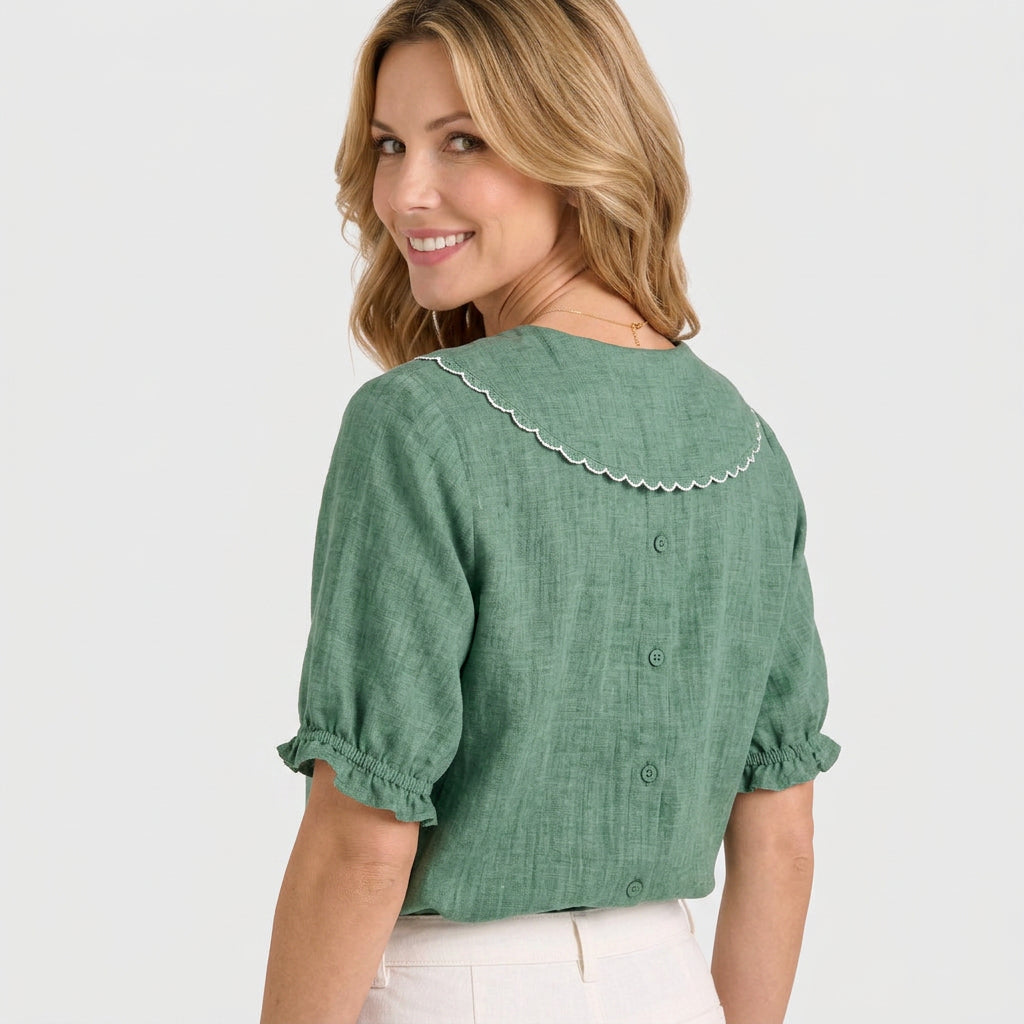 Women’s Short Sleeve Button Blouse – Scalloped Collar Lightweight Shirt