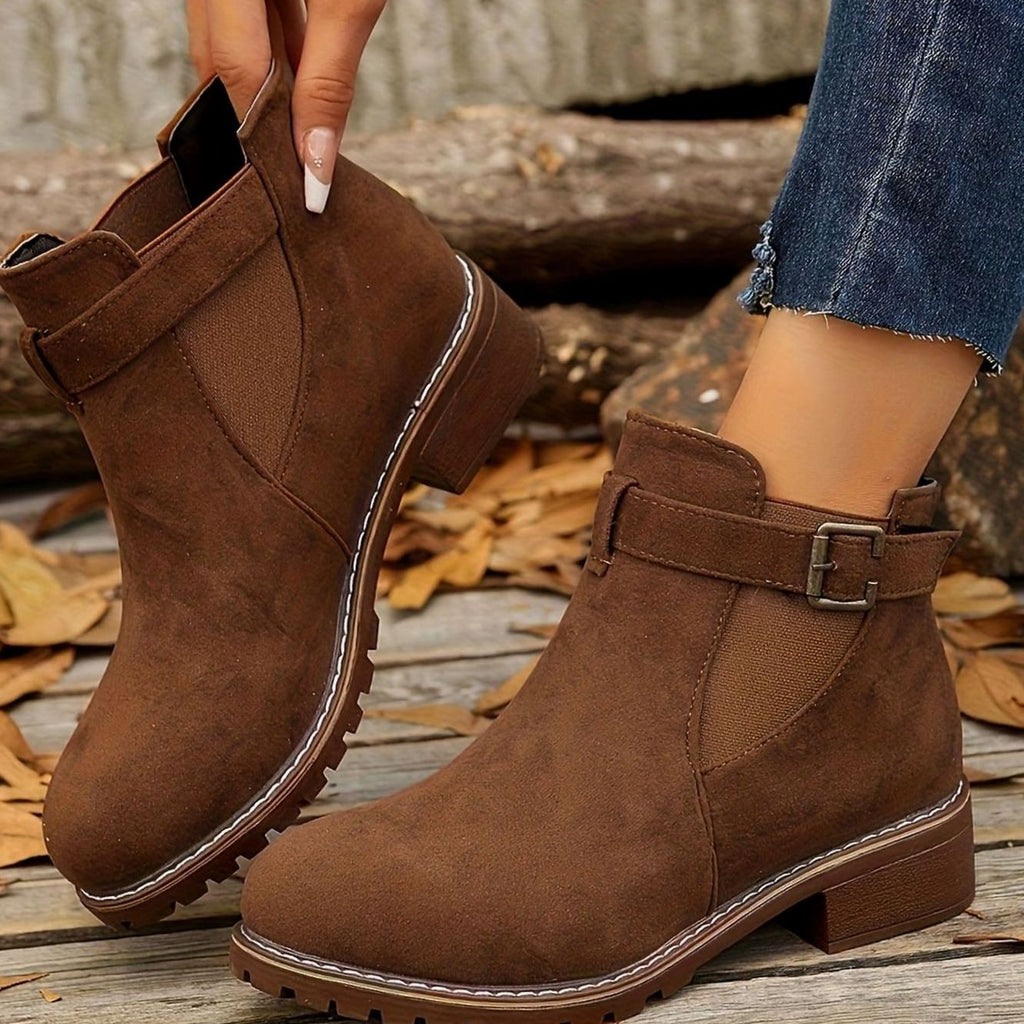 Women’s Suede-Look Buckle Strap Chelsea Ankle Boots