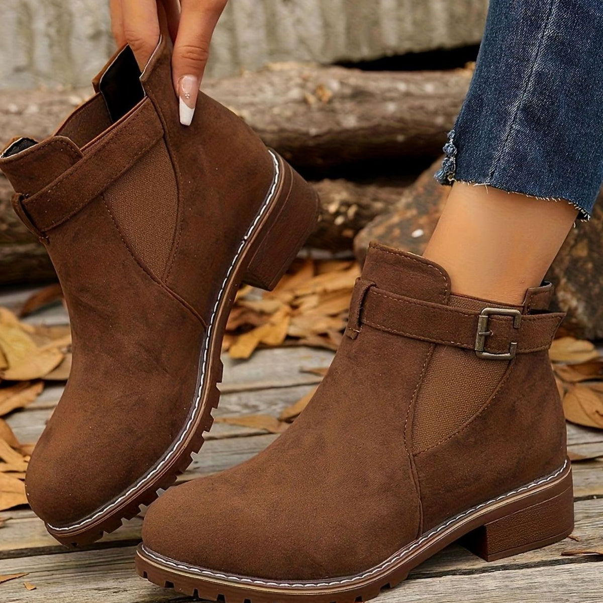 Women’s Suede-Look Buckle Strap Chelsea Ankle Boots