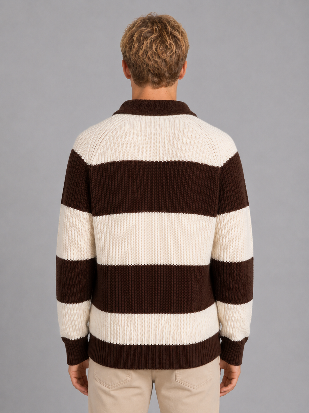 Men's brown and cream striped polo sweater with long sleeves and ribbed knit texture