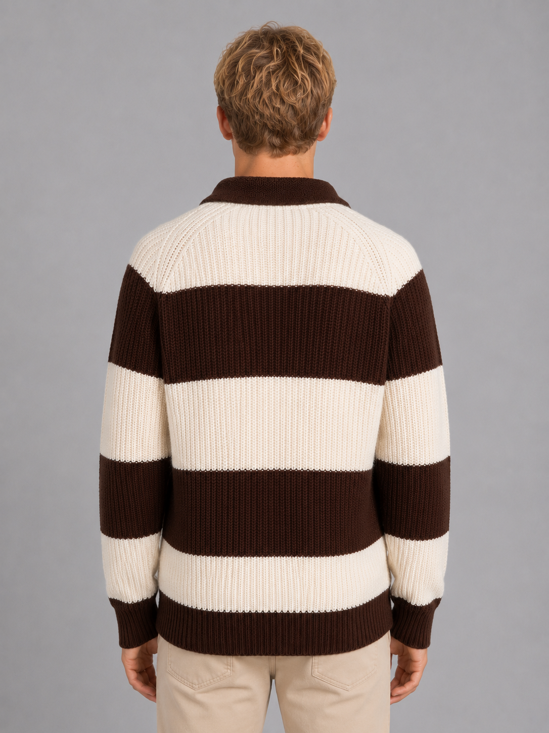 Men's brown and cream striped polo sweater with long sleeves and ribbed knit texture