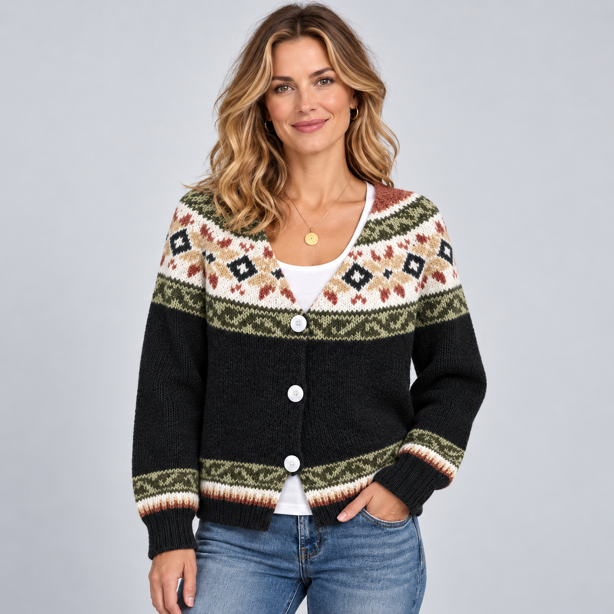 Women's Fair Isle Pattern Button-Front Cardigan