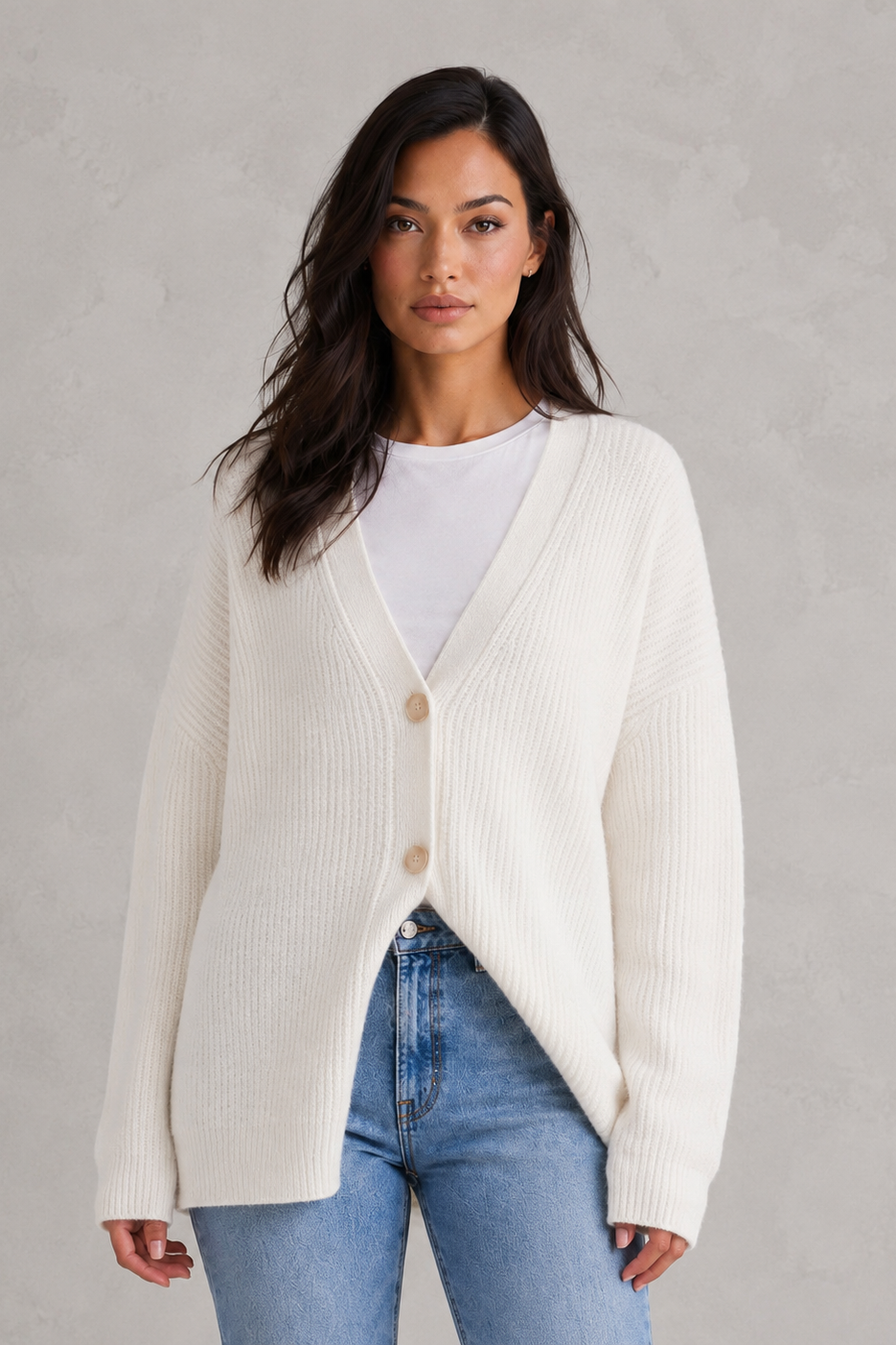 Women's oversized ribbed V-neck button cardigan with long sleeves