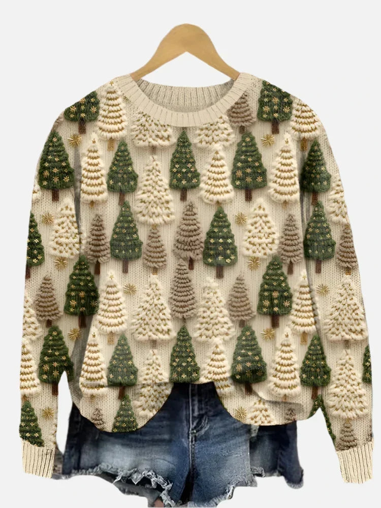 Women's crew neck sweater with a multicolor Christmas tree print and long sleeves