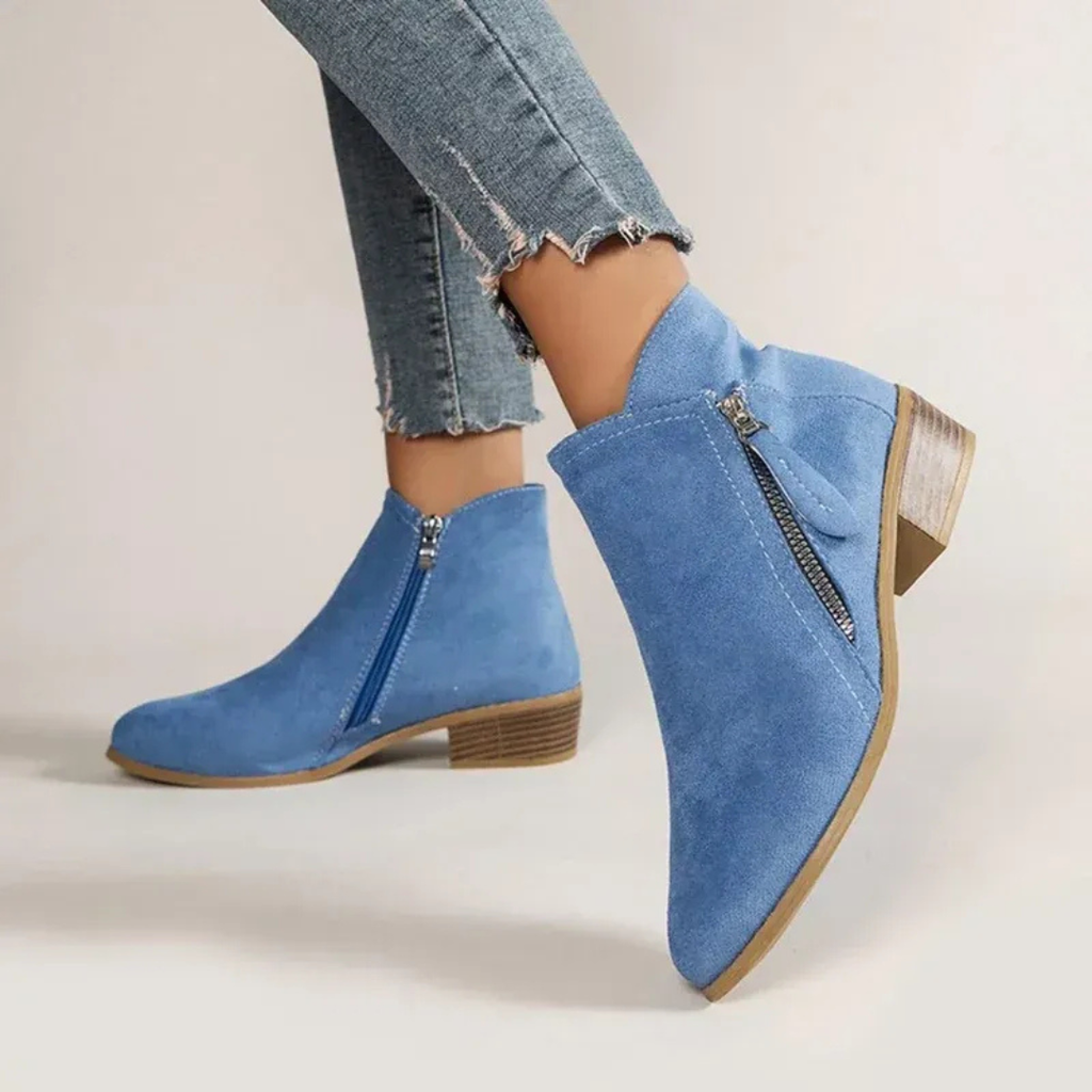 Women's ankle boots with side zippers, round toes and low textured block heels