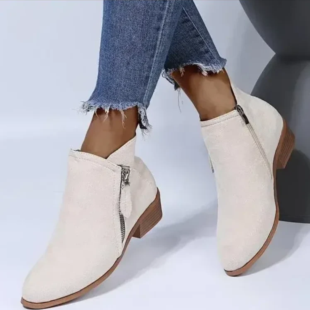 Women's ankle boots with side zippers, round toes and low textured block heels