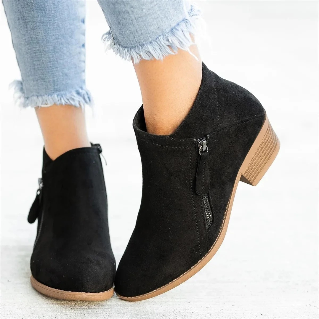 Women's ankle boots with side zippers, round toes and low textured block heels