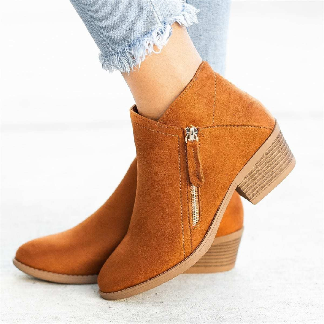 Women's ankle boots with side zippers, round toes and low textured block heels
