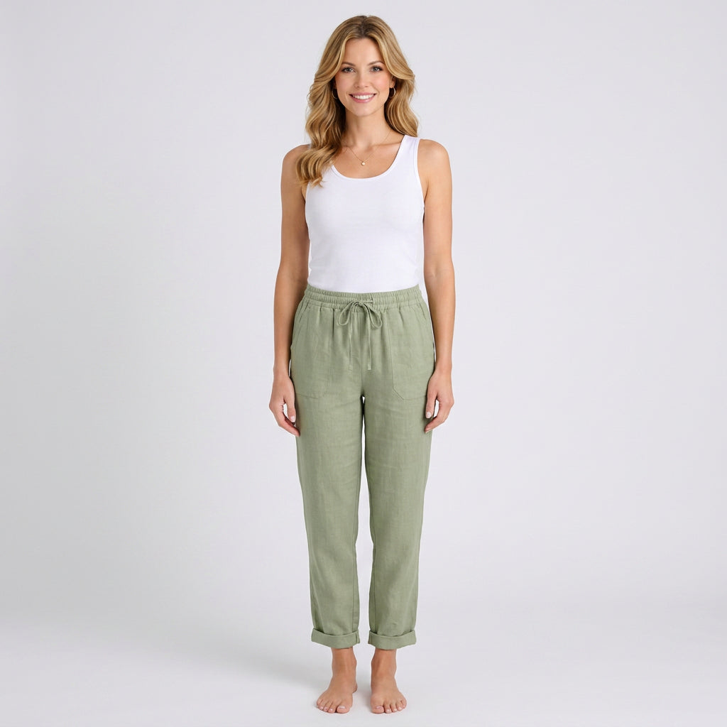 Women’s Drawstring Linen Pants – Elastic Waist Straight Leg Style