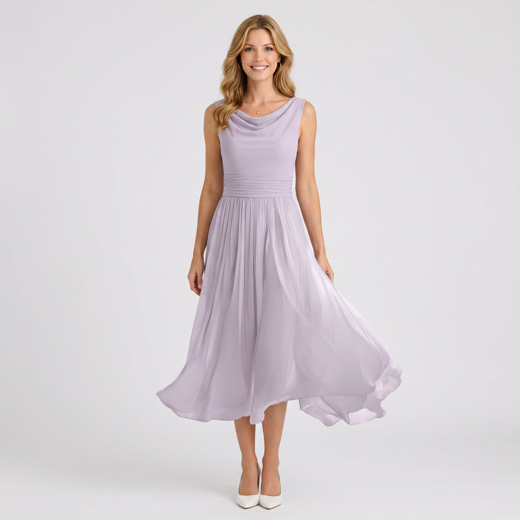 Pleated Midi Dress – Sleeveless Cowl Neck Style