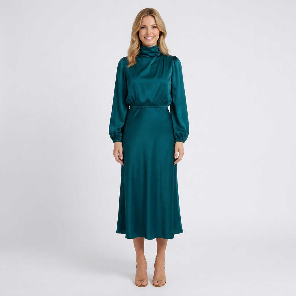 High Neck Midi Dress – Long Sleeve Satin Occasion Style